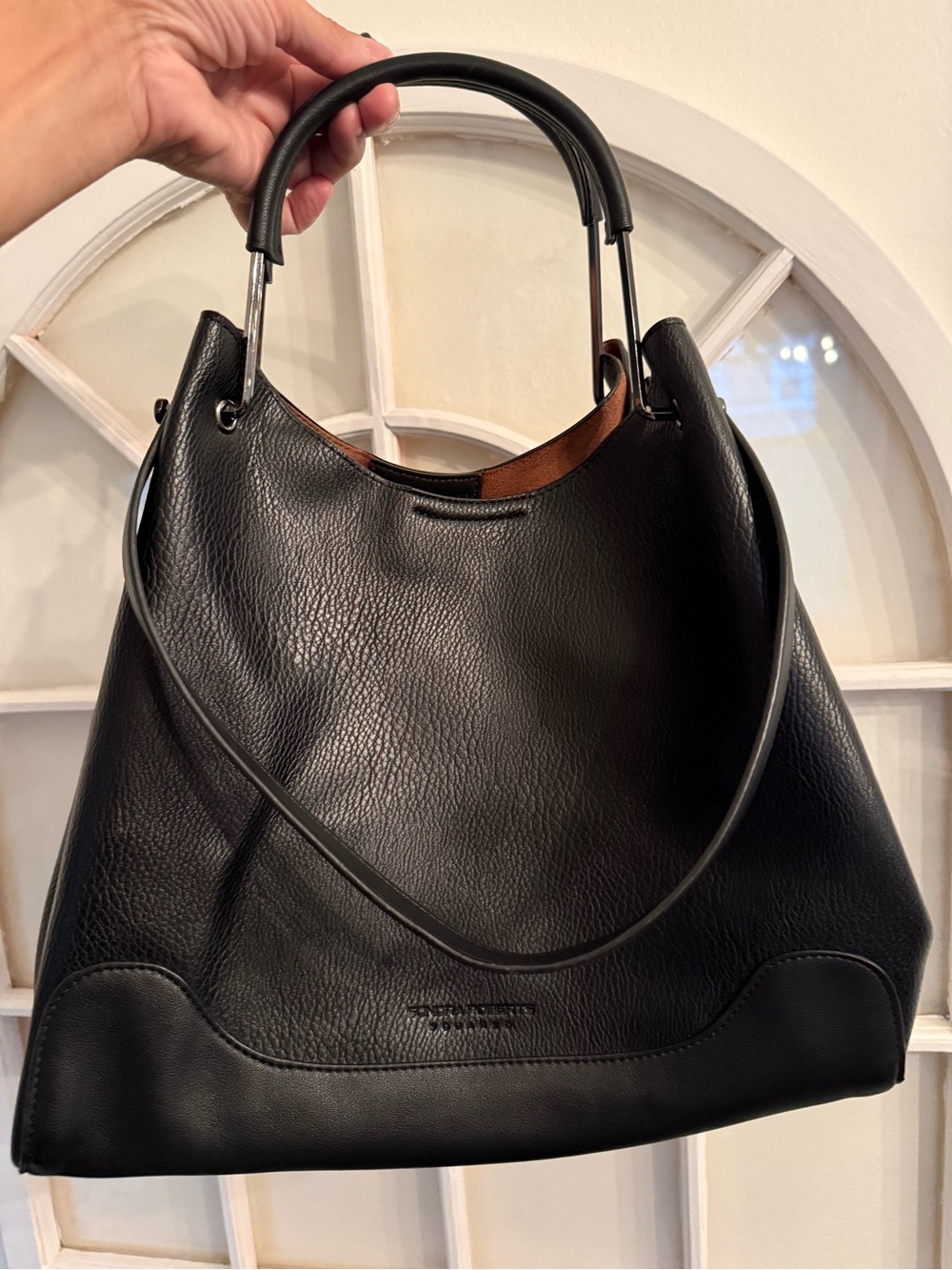 Sondra Roberts Squared Black Vegan Leather Hobo Tote Shoulder Bag Purse